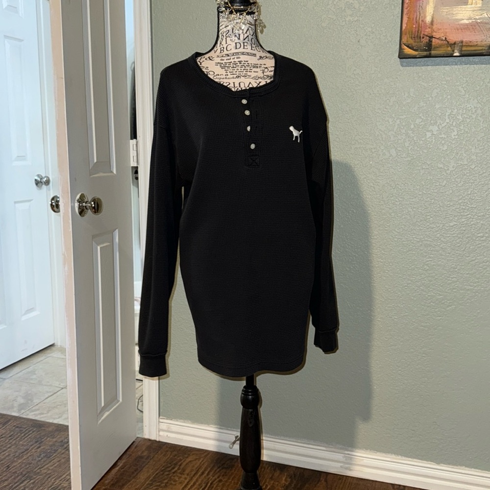 Pink Victorias Secret Henley Oversized Pullover Waffle Knit Size L Black
